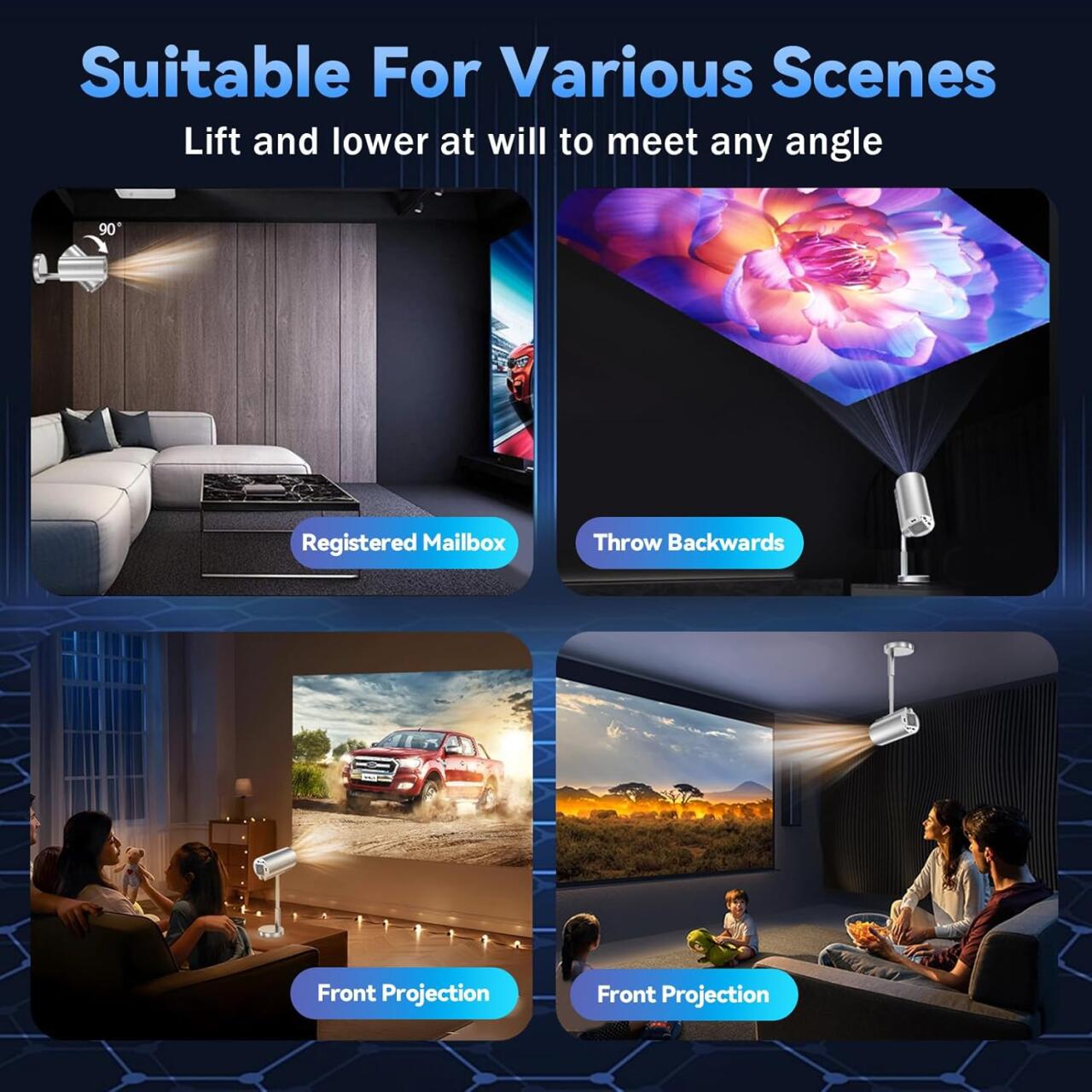 CineFlex Pro – Proyector Inteligente WiFi + Bluetooth con Cabezal Ajustable 90°📽️✨